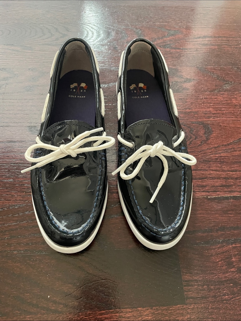 Cole Haan Navy Patent Leather Boat Shoes with White Laces